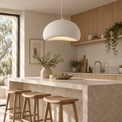 White wabi-sabi pendant light over a stone kitchen island with light wood cabinets and wooden bar stools