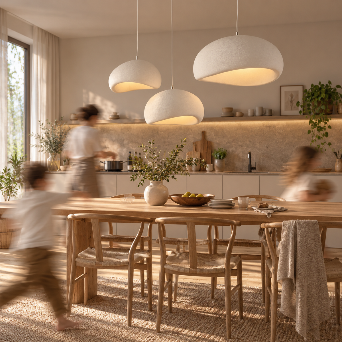 Three wabi-sabi resin pendant lights hung in a row over a long dining table in a lived-in family kitchen