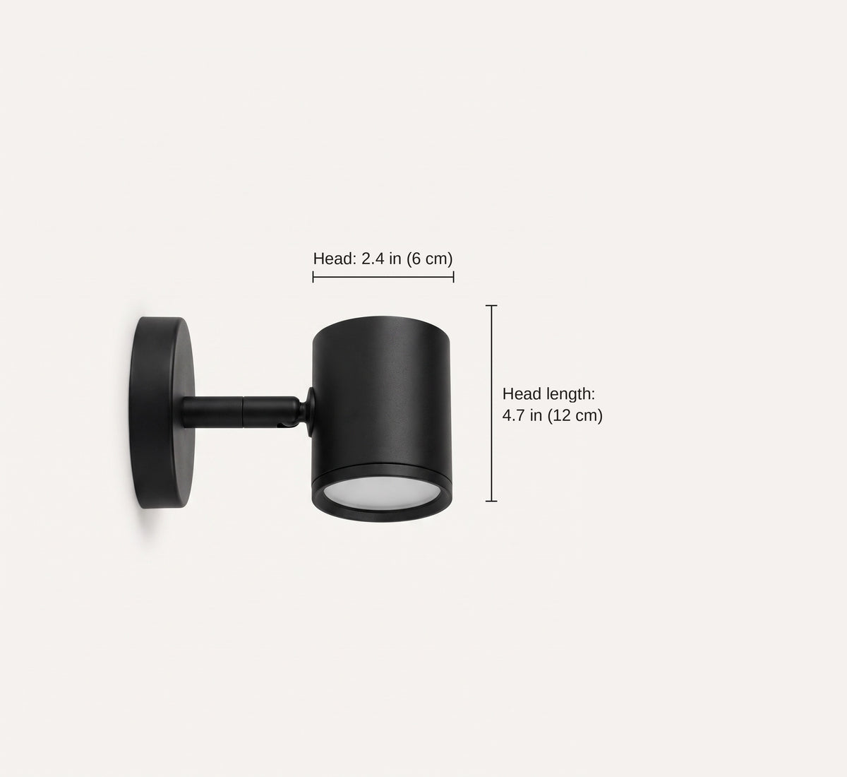 Dimension diagram of the adjustable wall spot light showing the 2.4 inch head diameter and 4.7 inch head length