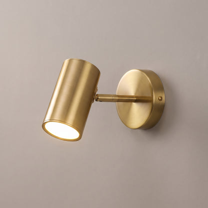 Gold finish option: adjustable wall spot light with a brushed brass cylinder head, arm and round wall plate