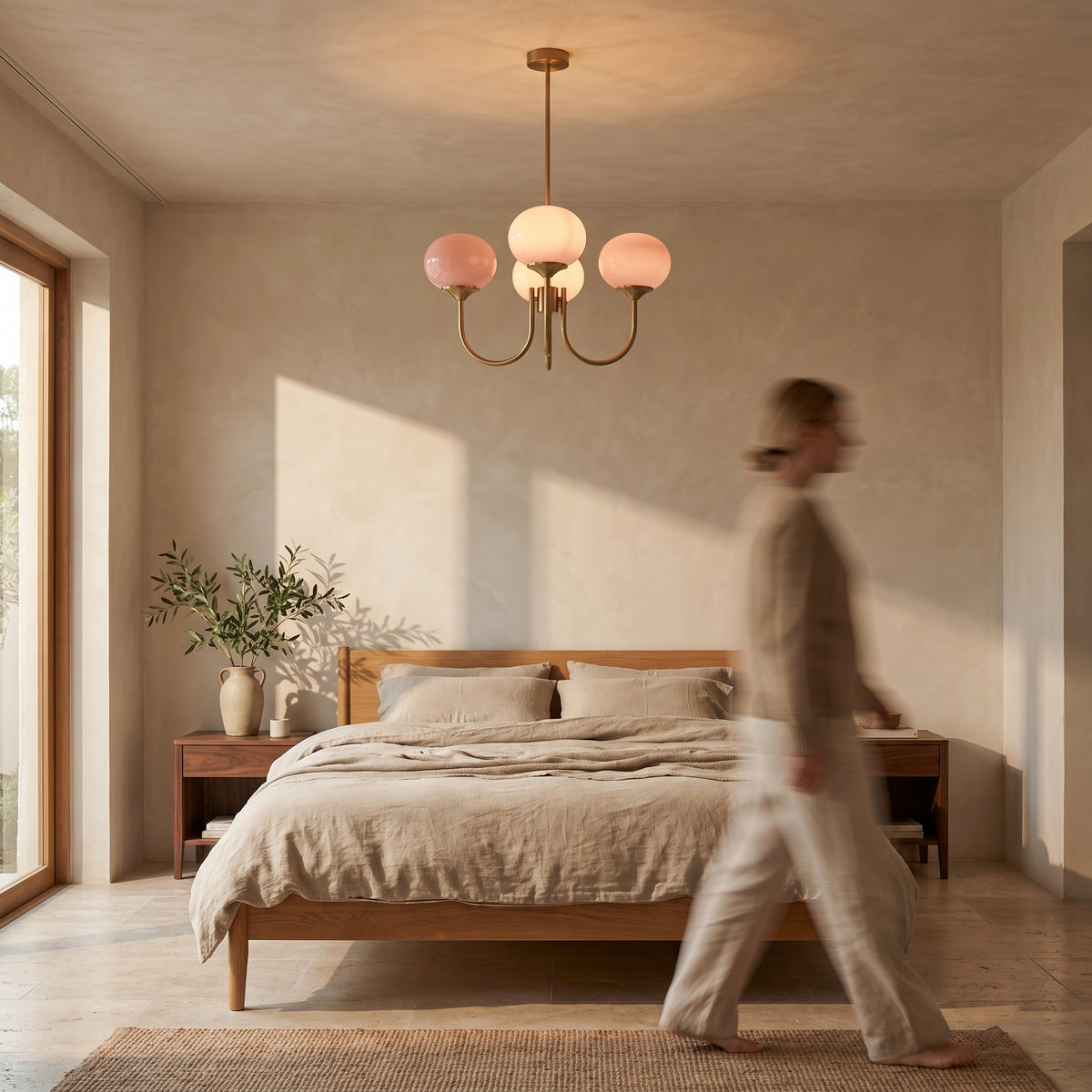 Pink three-dome glass chandelier hanging above an oak bed with linen bedding in a calm bedroom