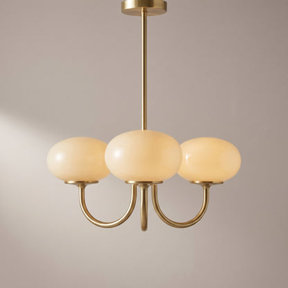Beige, 3 Domes option: Bauhaus glass chandelier with three cream beige glass domes on brushed brass arms