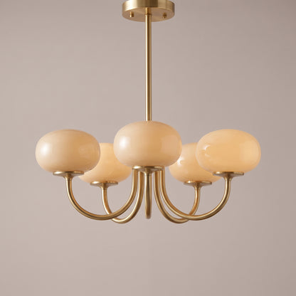 Beige, 5 Domes option: Bauhaus glass chandelier with five cream beige glass domes on brushed brass arms