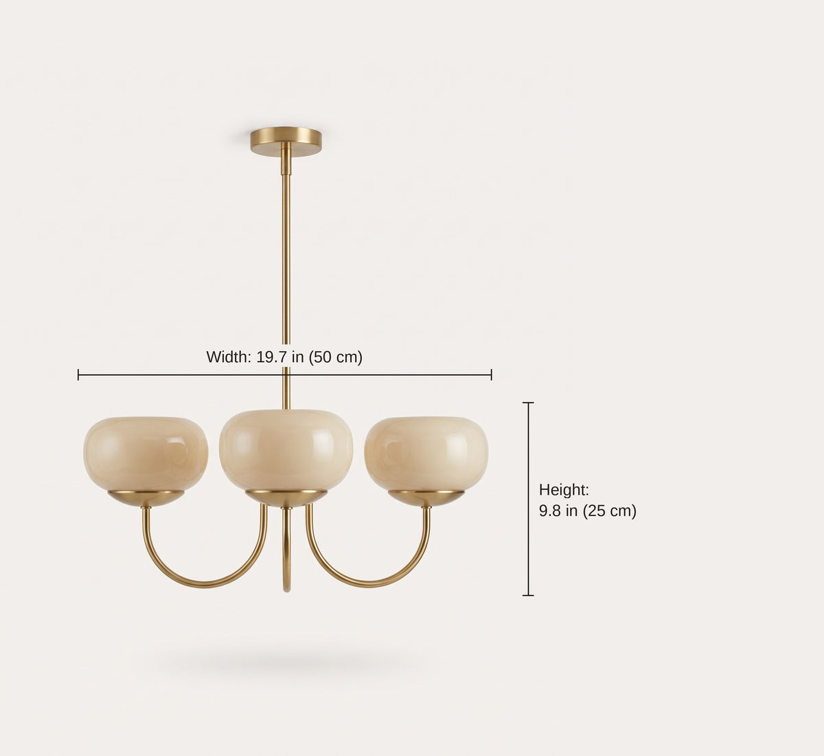 Dimension diagram of the three-dome Bauhaus glass chandelier: 19.7 inches across and 9.8 inches tall