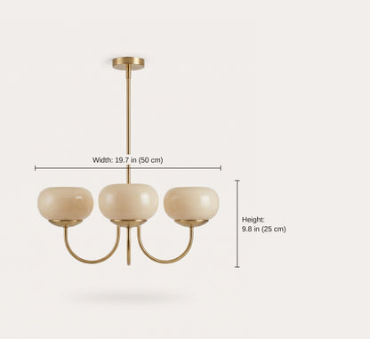 Dimension diagram of the three-dome Bauhaus glass chandelier: 19.7 inches across and 9.8 inches tall