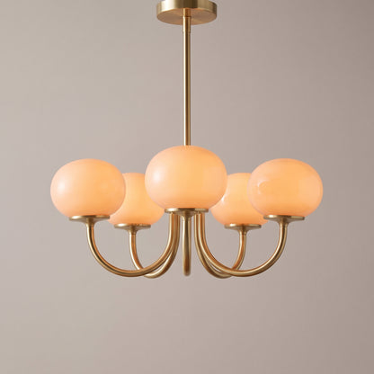 Light Orange, 5 Domes option: Bauhaus glass chandelier with five light orange glass domes on brushed brass arms