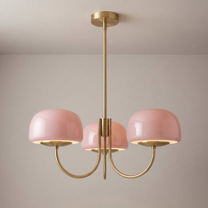 Pink, 3 Domes option: Bauhaus glass chandelier with three dusty pink glass domes on brushed brass arms