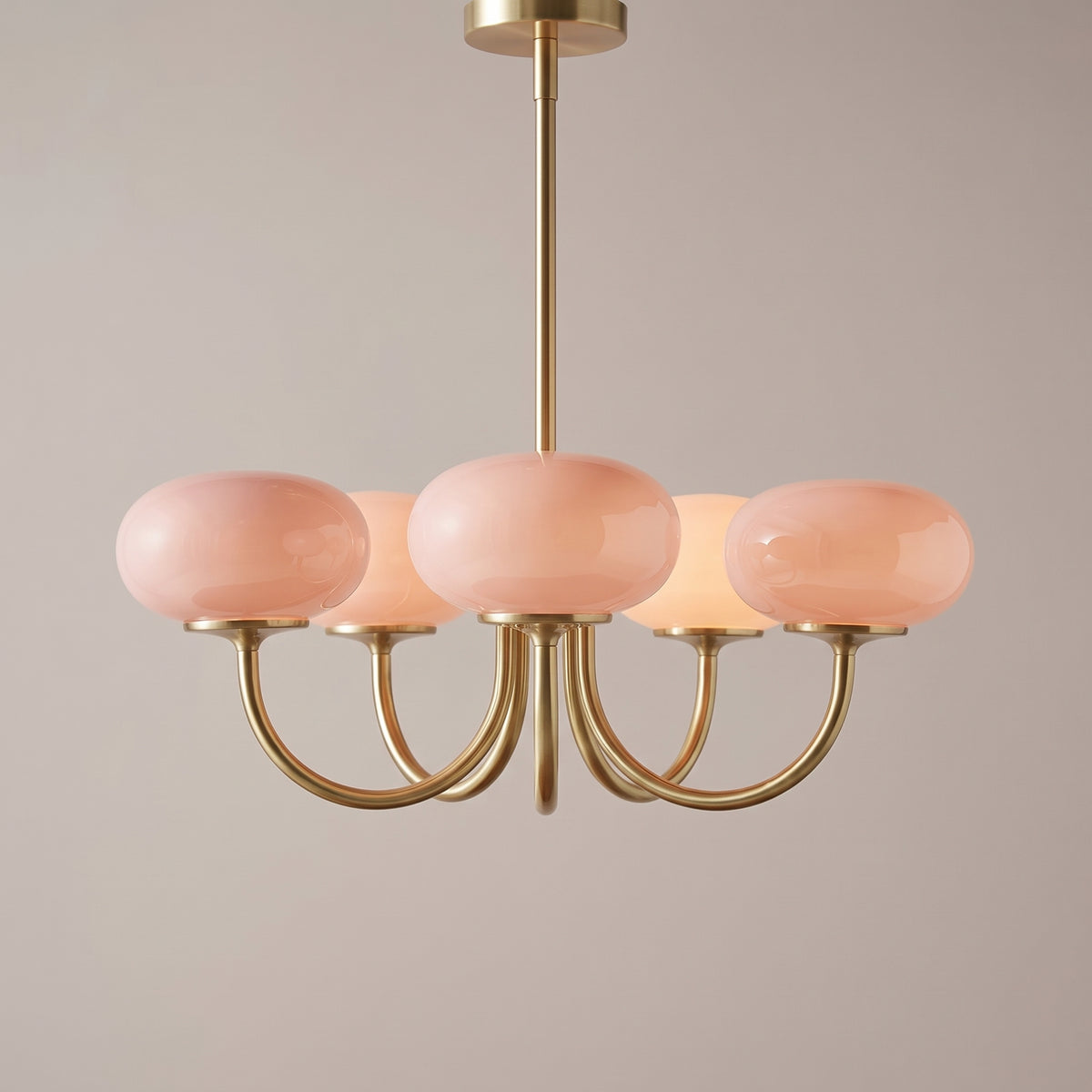Pink, 5 Domes option: Bauhaus glass chandelier with five dusty pink glass domes on brushed brass arms
