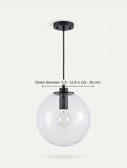 Dimension diagram of the clear glass globe pendant light showing globe diameters from 6 to 12 inches