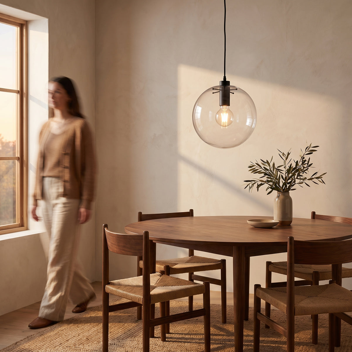 Clear glass globe pendant light with a black collar hanging above a round walnut dining table in a warm limewash dining room