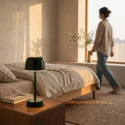 Dark green cordless mushroom table lamp on a walnut nightstand beside an oak bed with linen bedding