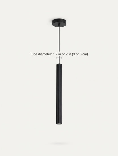 Dimension diagram of the slim tube pendant light showing tube diameters of 1.2 and 2 inches