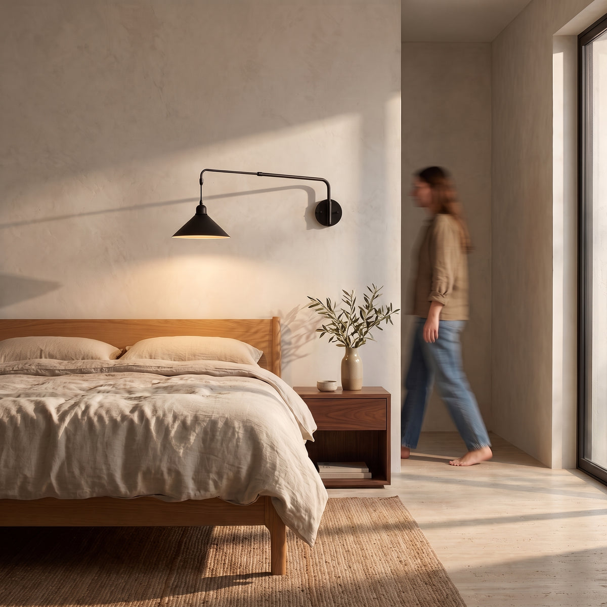 Black swing arm wall light mounted beside an oak bed, the straight arm reaching out with the cone shade hanging low over the pillow