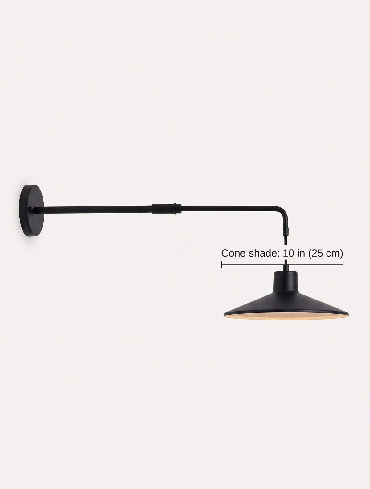 Dimension diagram of the swing arm wall light showing the 10 inch cone shade