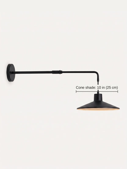 Dimension diagram of the swing arm wall light showing the 10 inch cone shade