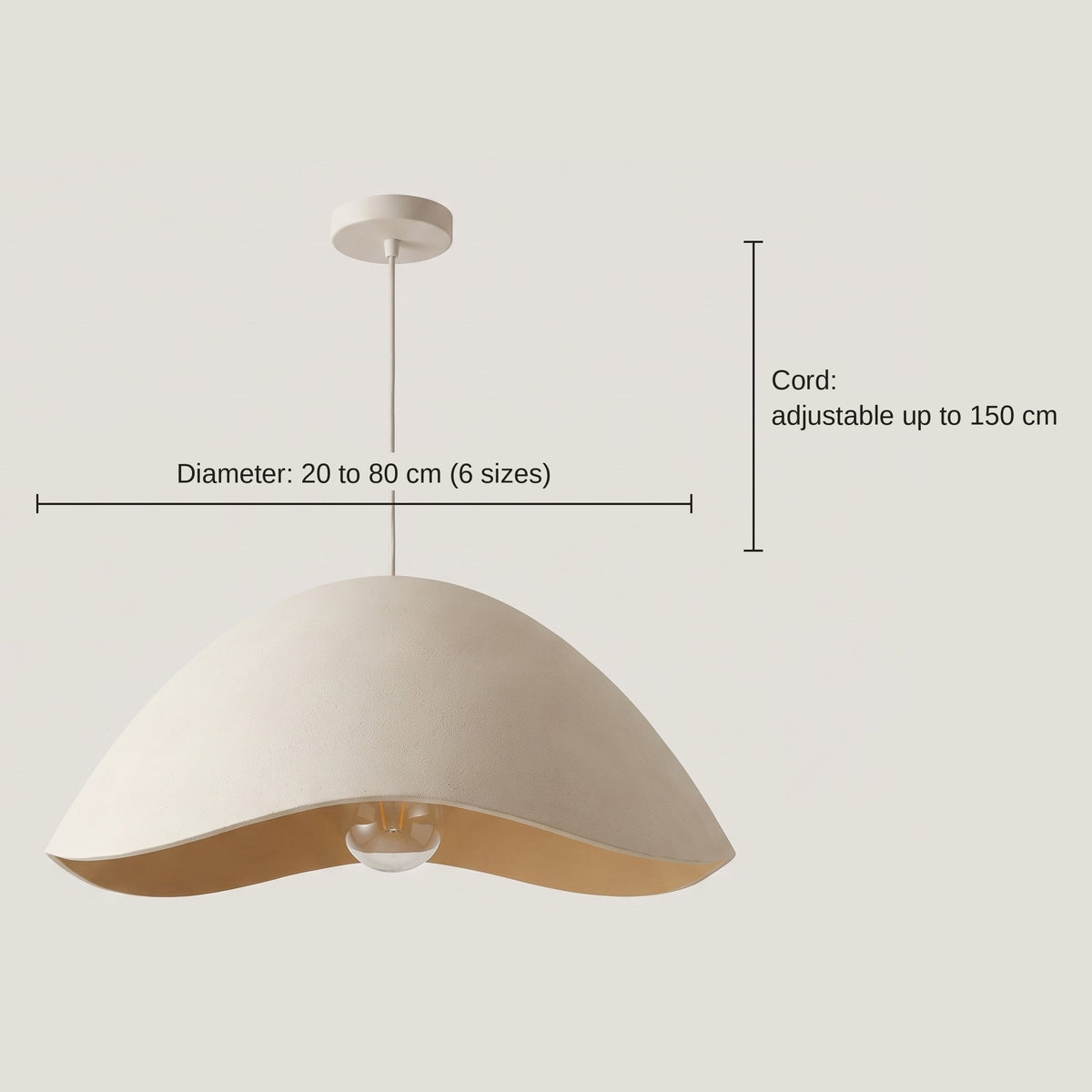 Size guide showing shade diameter from 20 to 80 cm and cord adjustable up to 150 cm