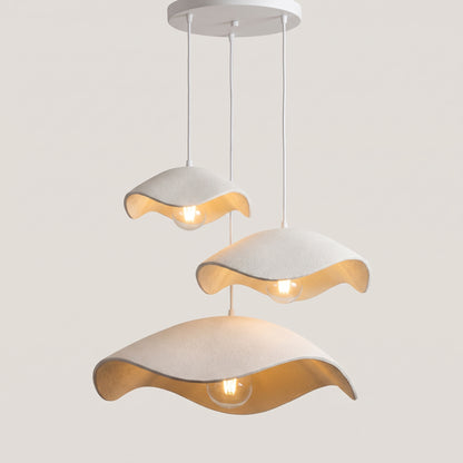 Three-light Shallow Wave version with three white shades on a round ceiling plate