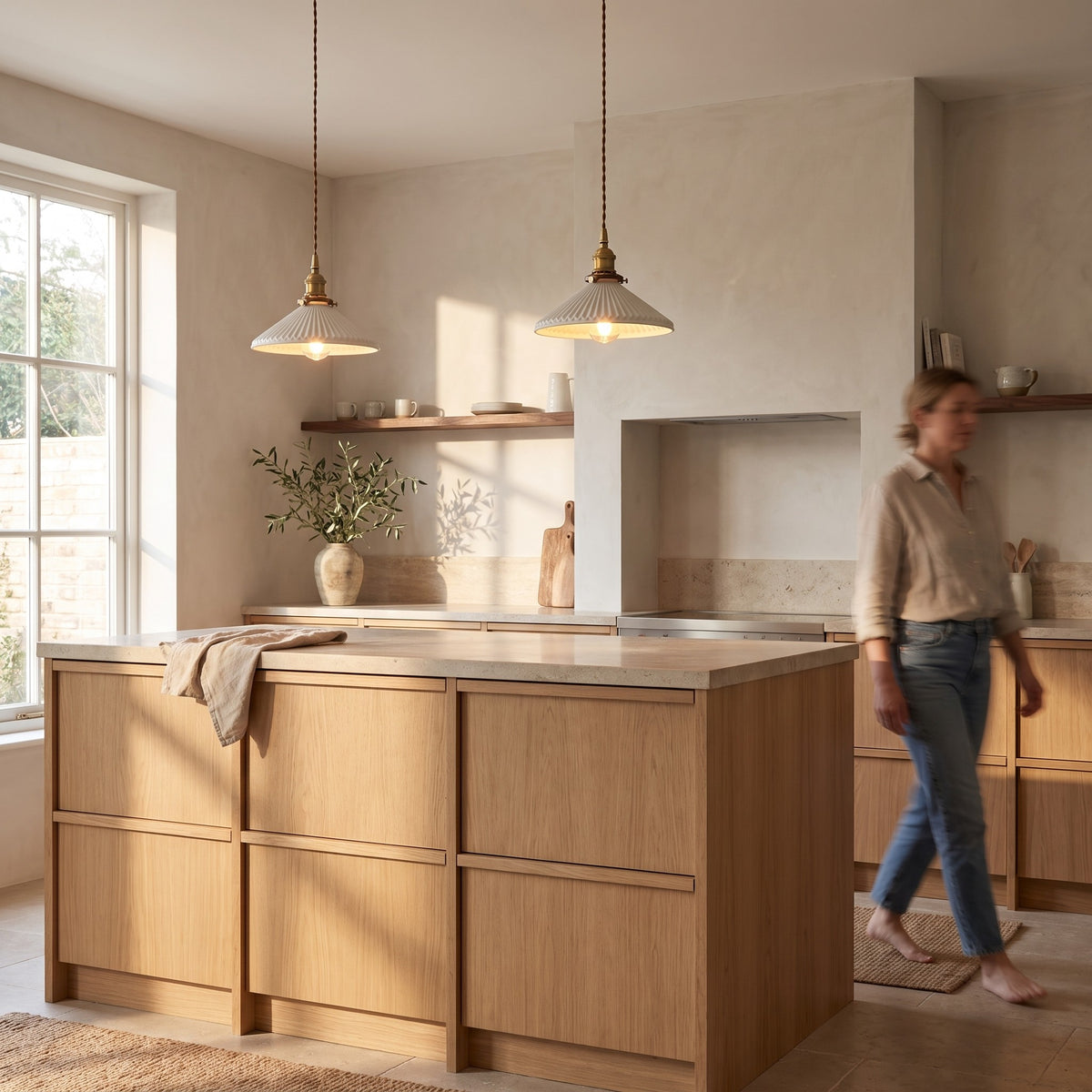 Pair of fluted ceramic pendants above a light oak kitchen island