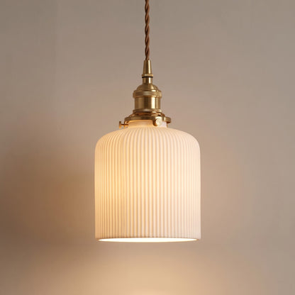 Cylinder shape: straight sided fluted ceramic pendant shade, 5.1 in across