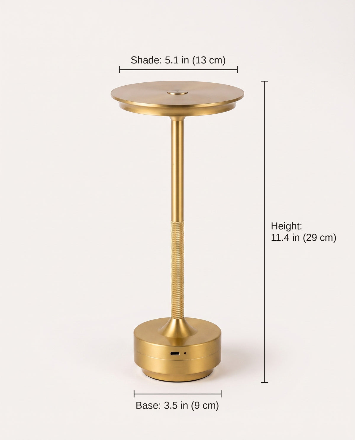 Cordless table lamp dimensions: 11.4 in (29 cm) tall, 5.1 in (13 cm) shade, 3.5 in (9 cm) base