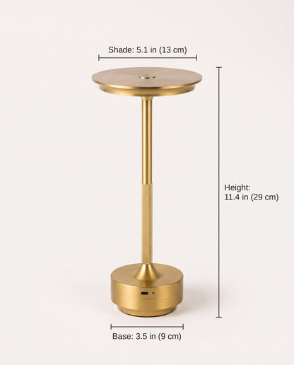 Cordless table lamp dimensions: 11.4 in (29 cm) tall, 5.1 in (13 cm) shade, 3.5 in (9 cm) base