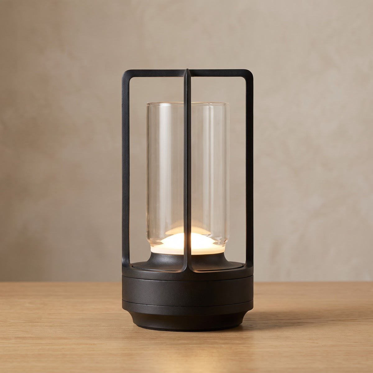 Black finish option: cordless lantern table lamp switched on
