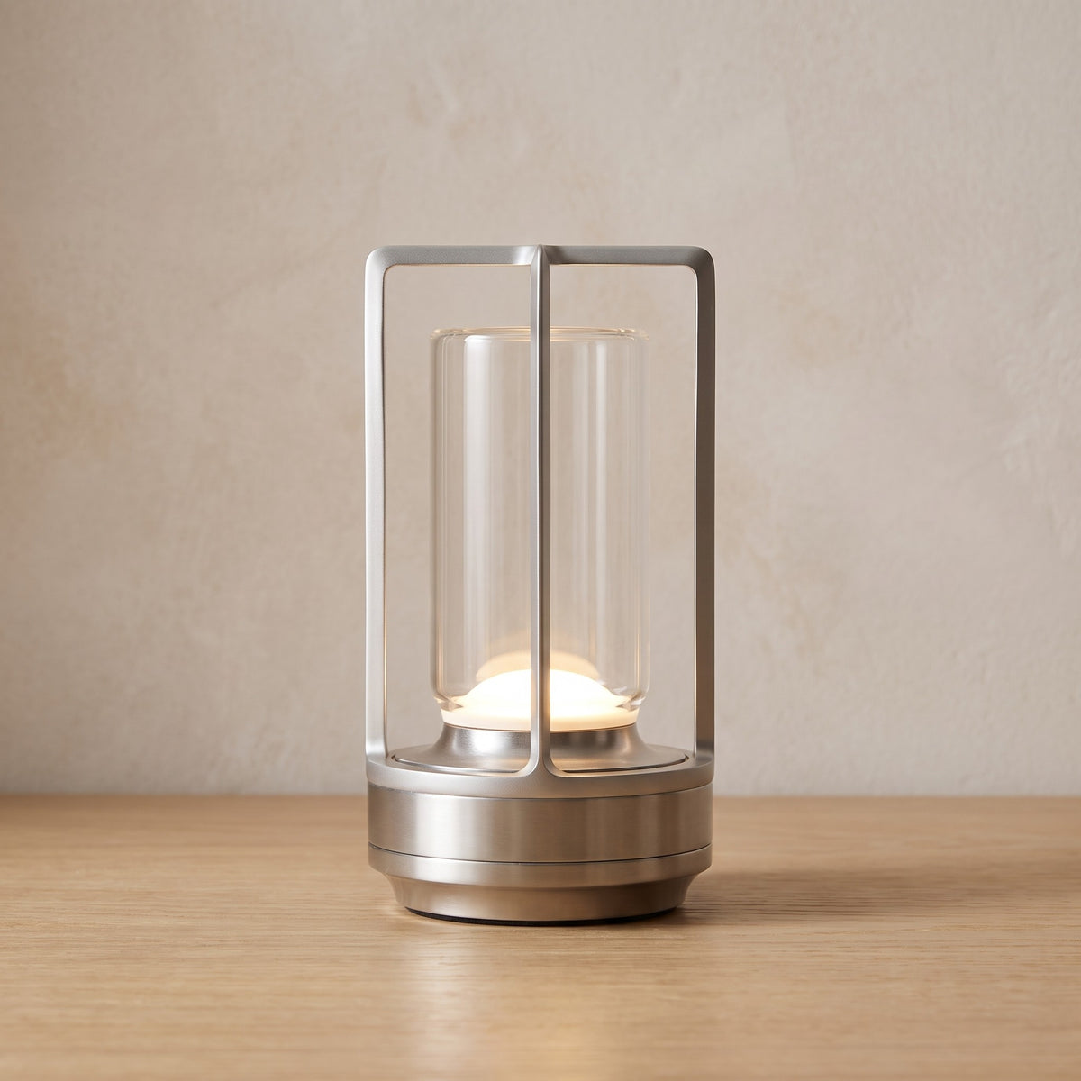 Silver finish option: cordless lantern table lamp switched on
