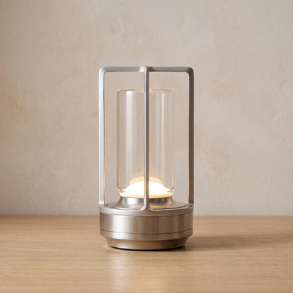 Silver finish option: cordless lantern table lamp switched on