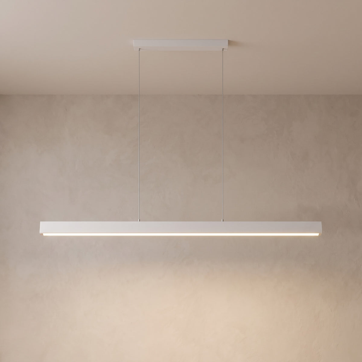 Matte white finish: slim linear LED pendant switched on