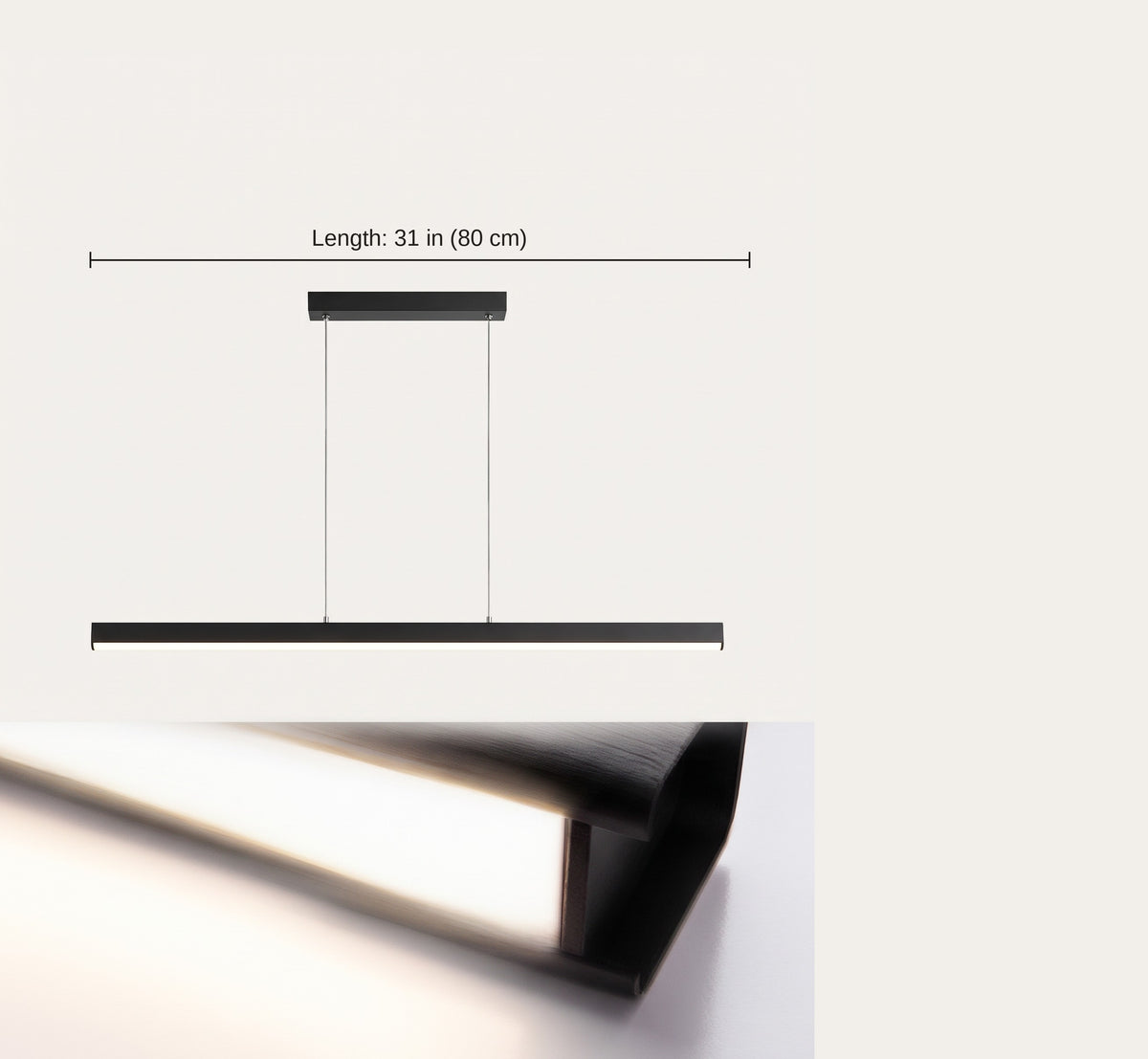 Linear pendant dimensions: 31 in (80 cm) long bar with adjustable wires