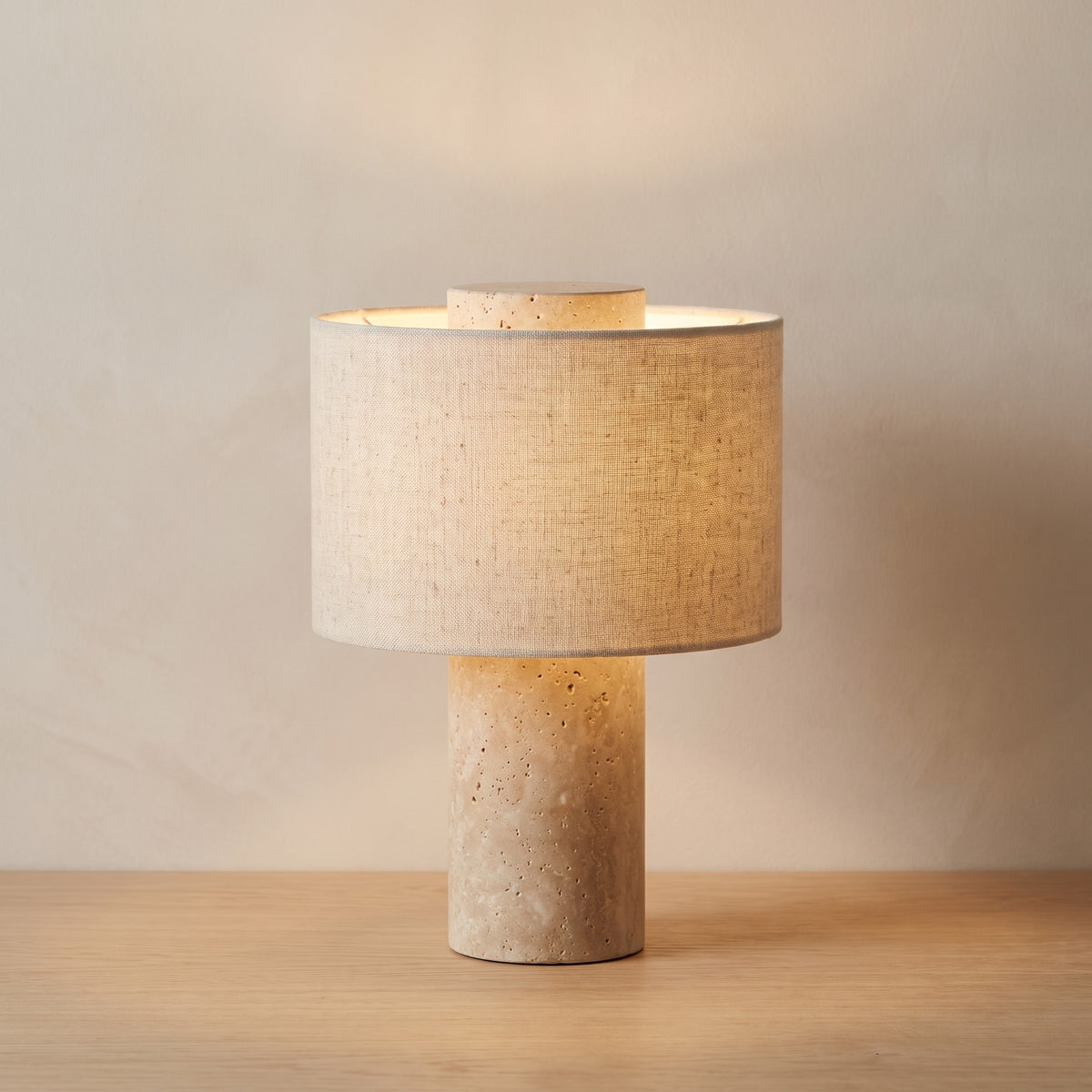 Travertine stone option: table lamp with beige travertine base and linen drum shade