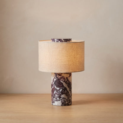 Viola Marble stone option: table lamp with purple-veined white marble base and linen drum shade