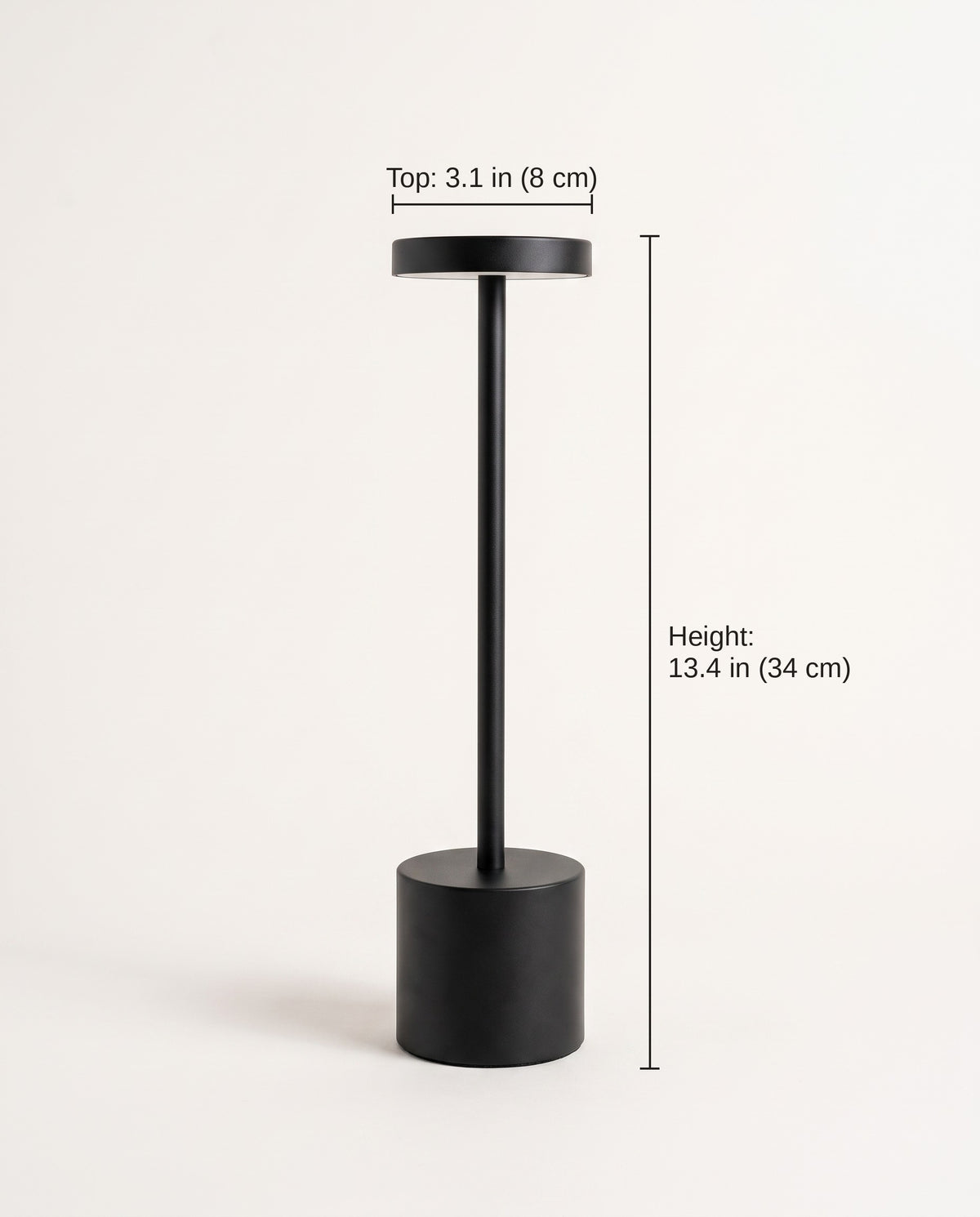 Slim cordless table lamp dimensions: 13.4 in (34 cm) tall with a 3.1 in (8 cm) top